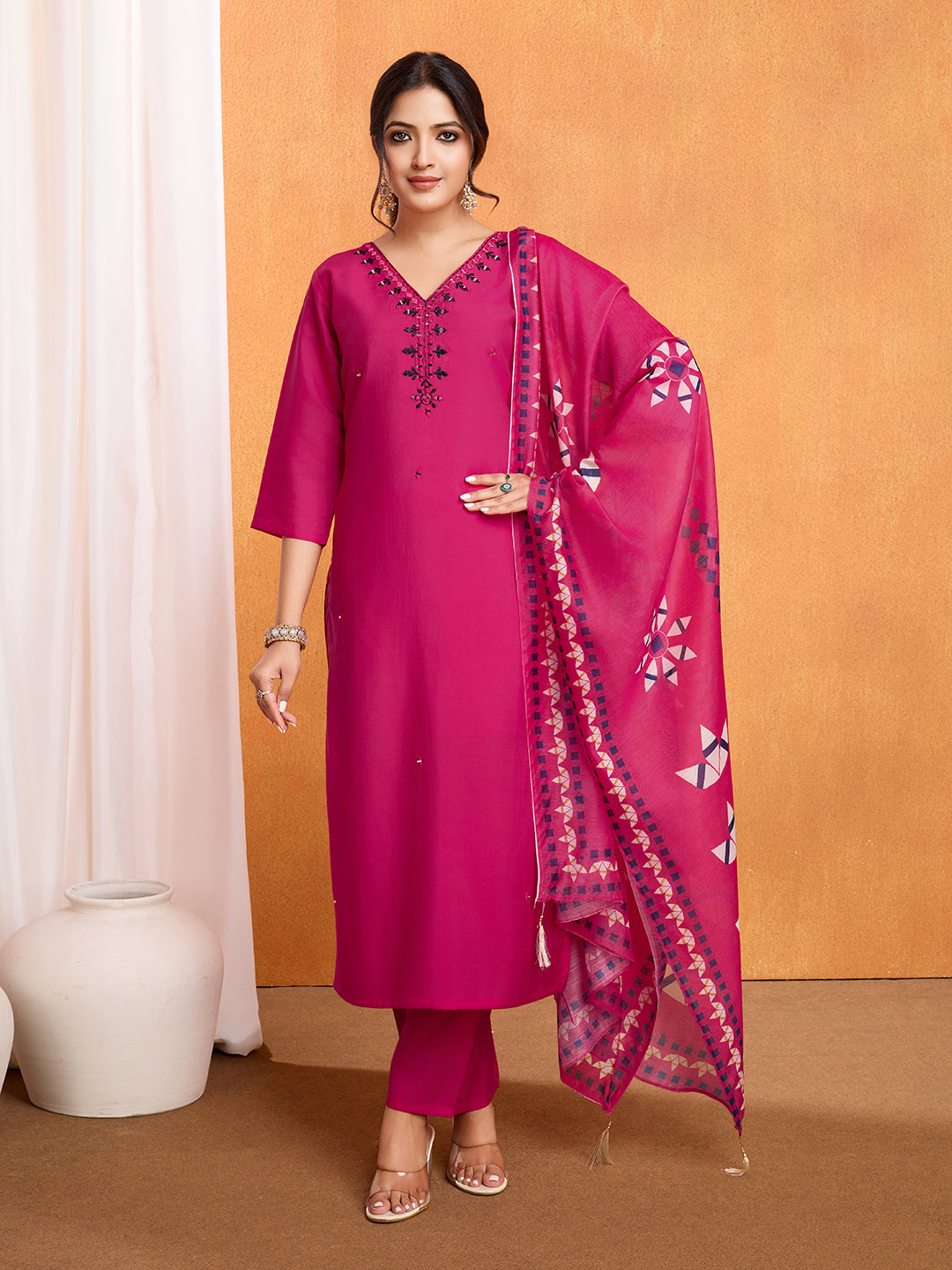 Lorenvalley Magenta Chanderi Roman Silk Embroidered with Mirror Work Kurta Set - Swadesiicart
