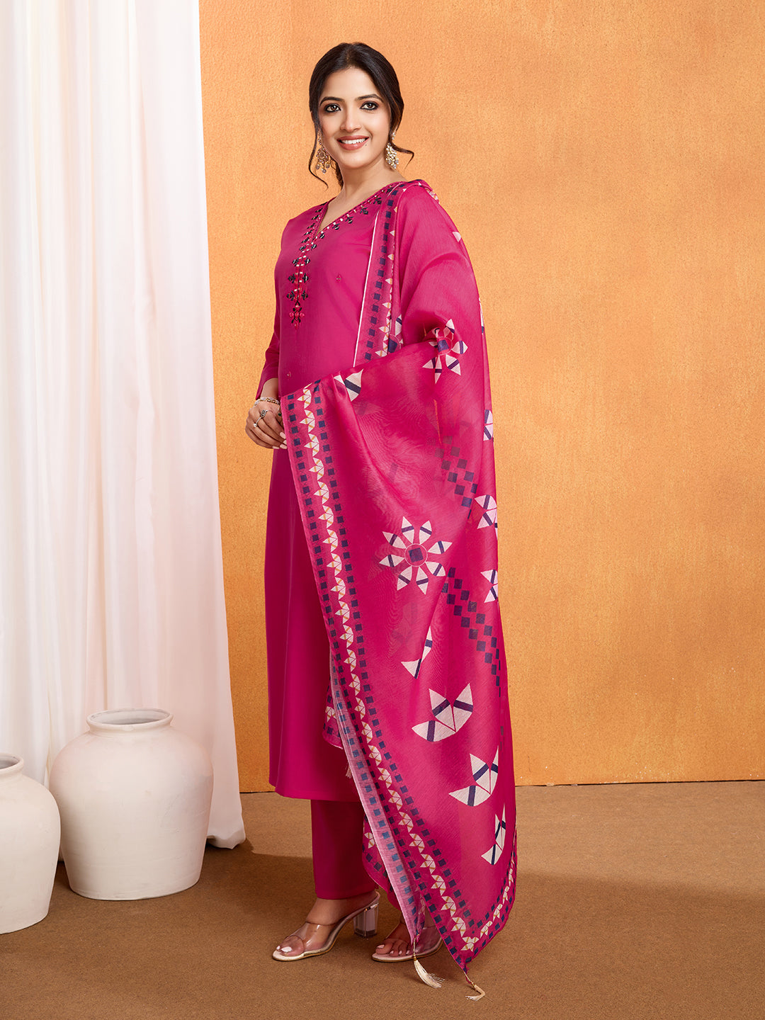 Lorenvalley Magenta Chanderi Roman Silk Embroidered with Mirror Work Kurta Set - Swadesiicart