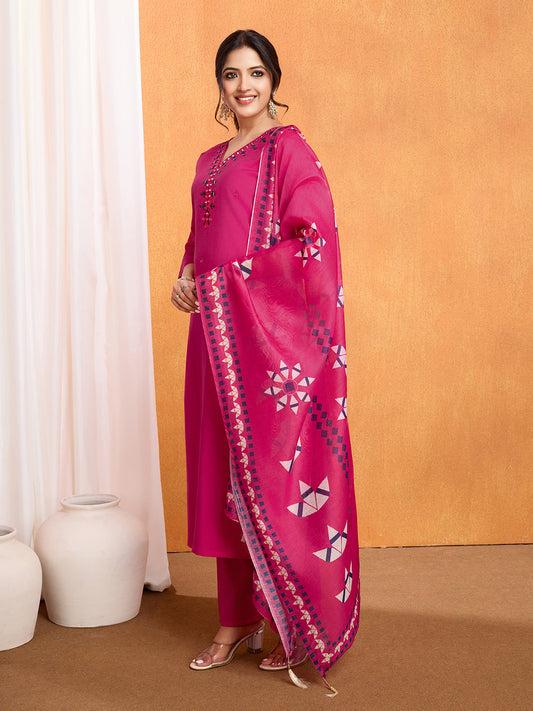 Lorenvalley Magenta Chanderi Roman Silk Embroidered with Mirror Work Kurta Set - Swadesiicart
