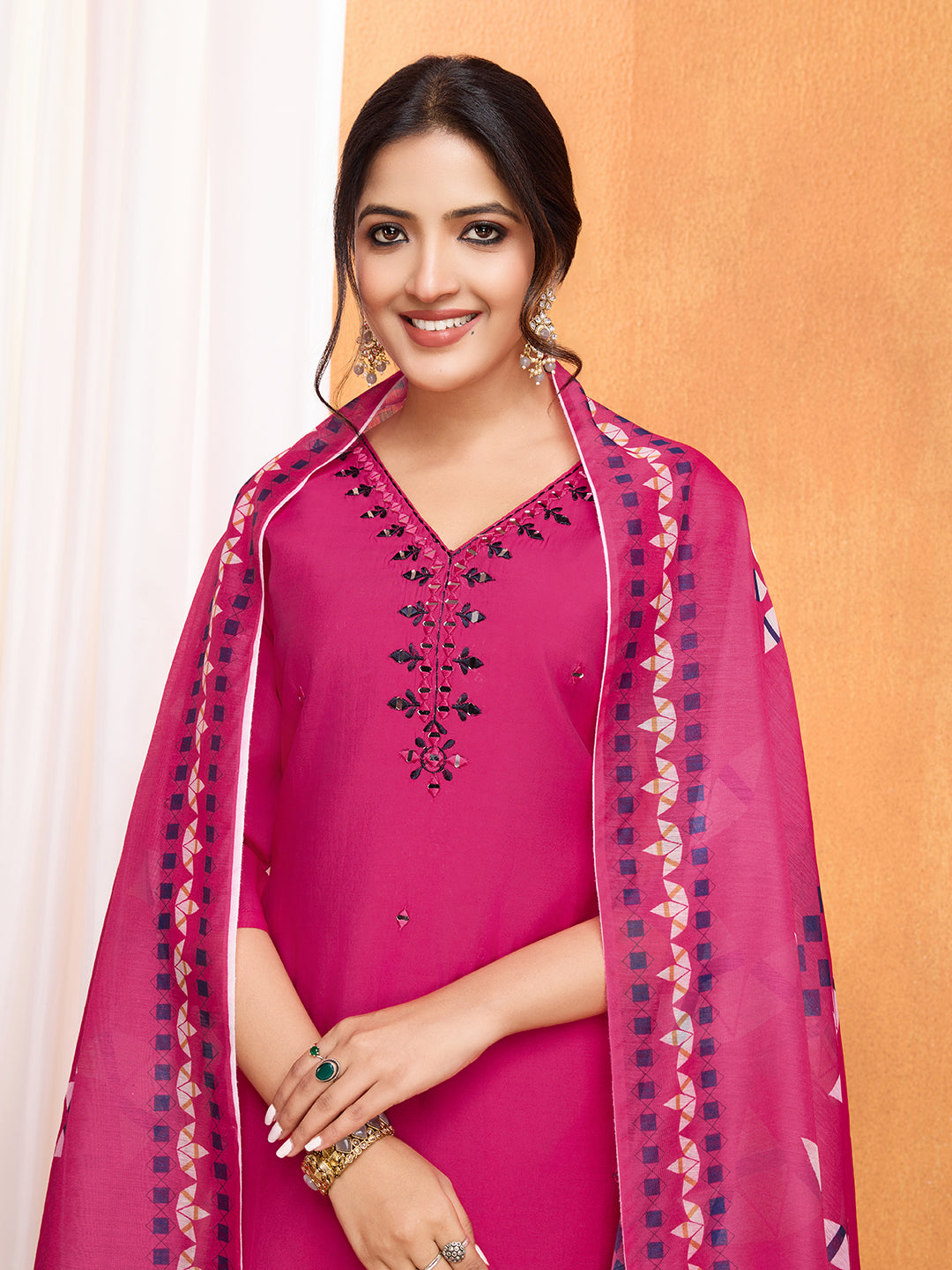 Lorenvalley Magenta Chanderi Roman Silk Embroidered with Mirror Work Kurta Set - Swadesiicart