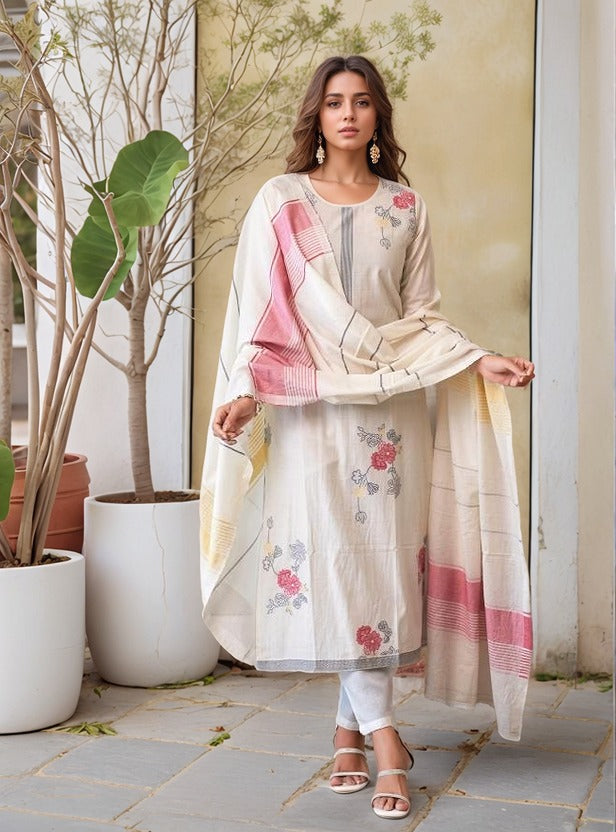 Lorenvalley Offwhite Pure Cotton Jacquard Weaving Kurta Set - Swadesiicart
