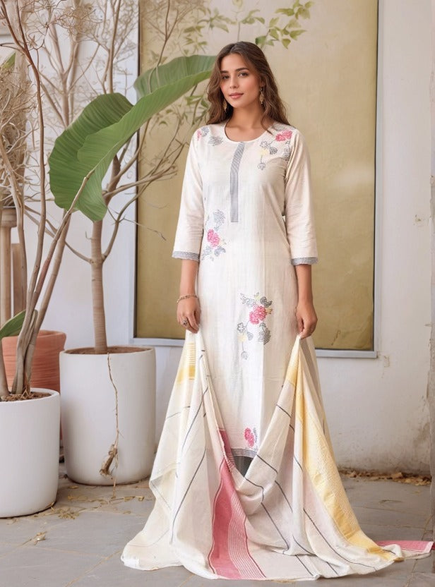 Lorenvalley Offwhite Pure Cotton Jacquard Weaving Kurta Set - Swadesiicart
