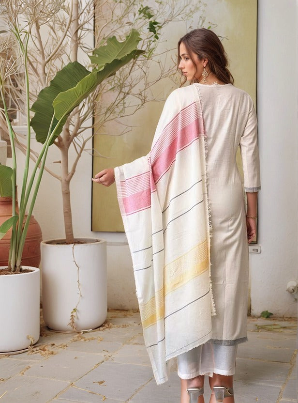 Lorenvalley Offwhite Pure Cotton Jacquard Weaving Kurta Set - Swadesiicart