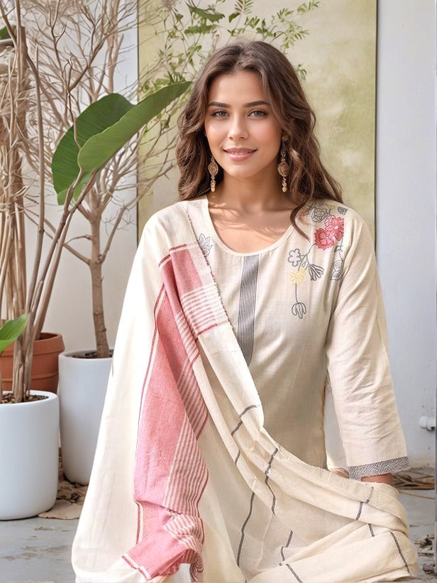 Lorenvalley Offwhite Pure Cotton Jacquard Weaving Kurta Set - Swadesiicart