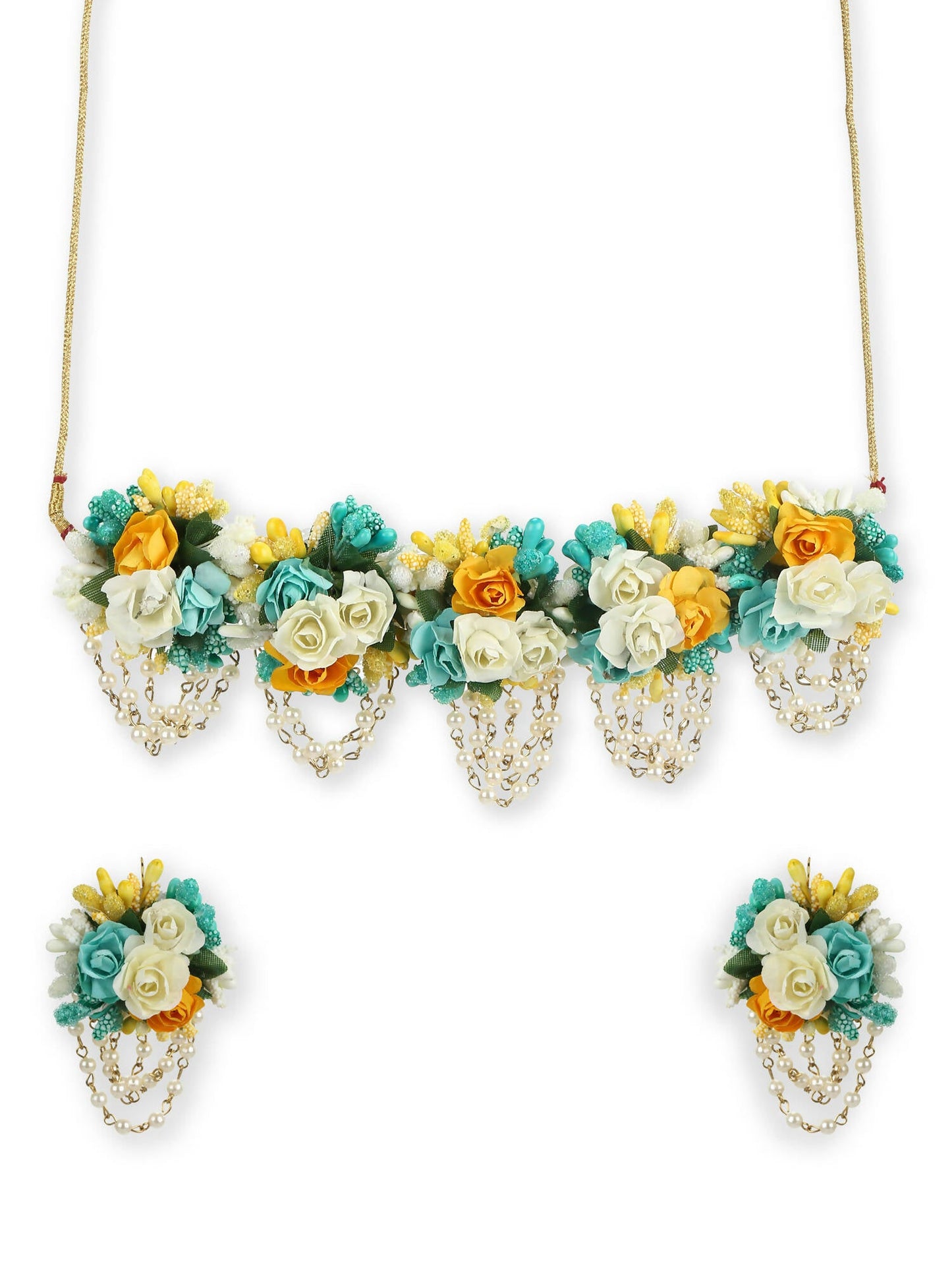 Flower Jewellery Gold-Polished Turquoise Blue Floral Jewellery Set - Ruby Raang - Swadesiicart