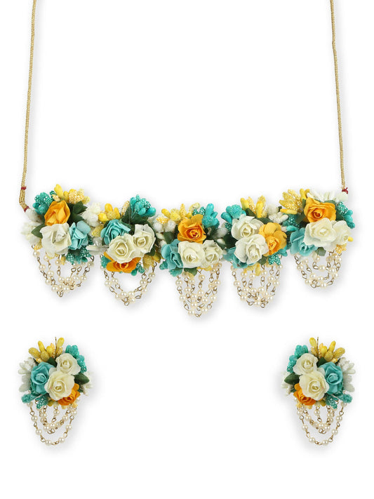 Flower Jewellery Gold-Polished Turquoise Blue Floral Jewellery Set - Ruby Raang - Swadesiicart
