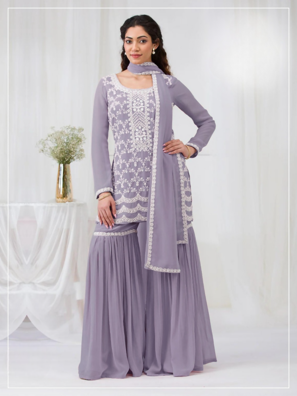 Anaita Lavender Faux Georgette Stitched Suit with Embroidery Cotton Thread & Sequence Work