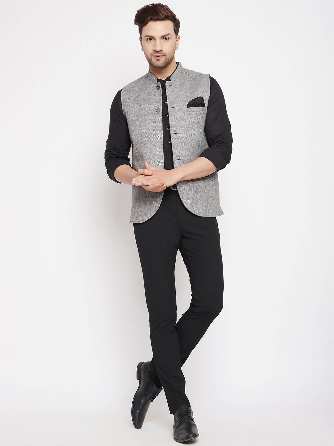 Even Apparels Grey Wool Men Woven Nehru Jacket WL730 | Swadesiicart
