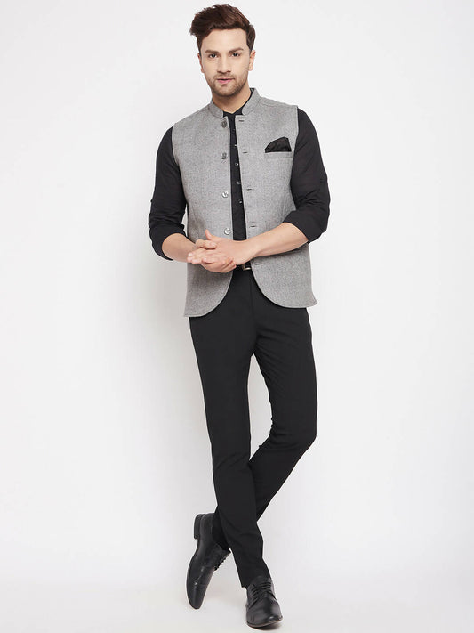Even Apparels Grey Wool Men Woven Nehru Jacket WL730 | Swadesiicart