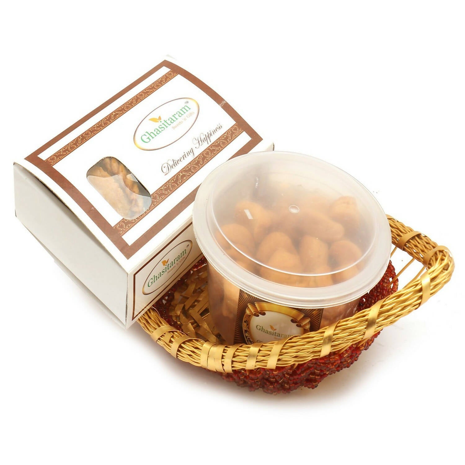 Ghasitaram Holi Hampers: Boat basket of Gujiya and Mini Gujiya Namkeen | Swadesiicart