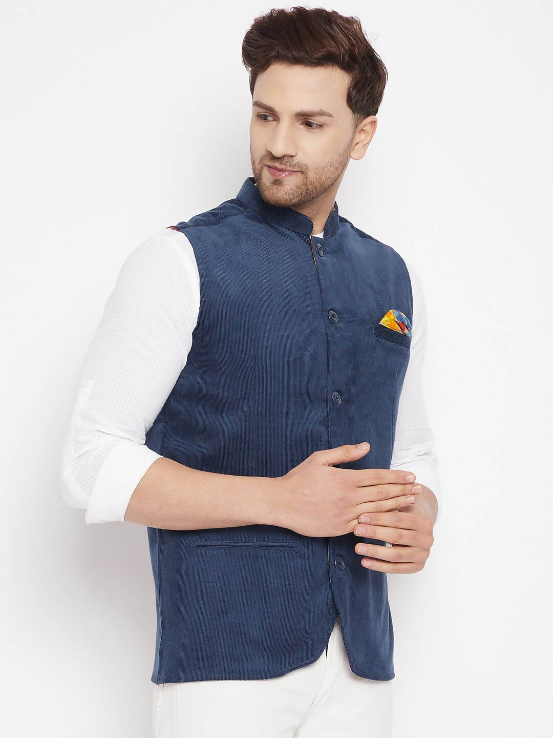 Even Apparels Blue Polyester Men's Nehru Jacket-Contrast Lining-Inbuilt Pocket Square | Swadesiicart