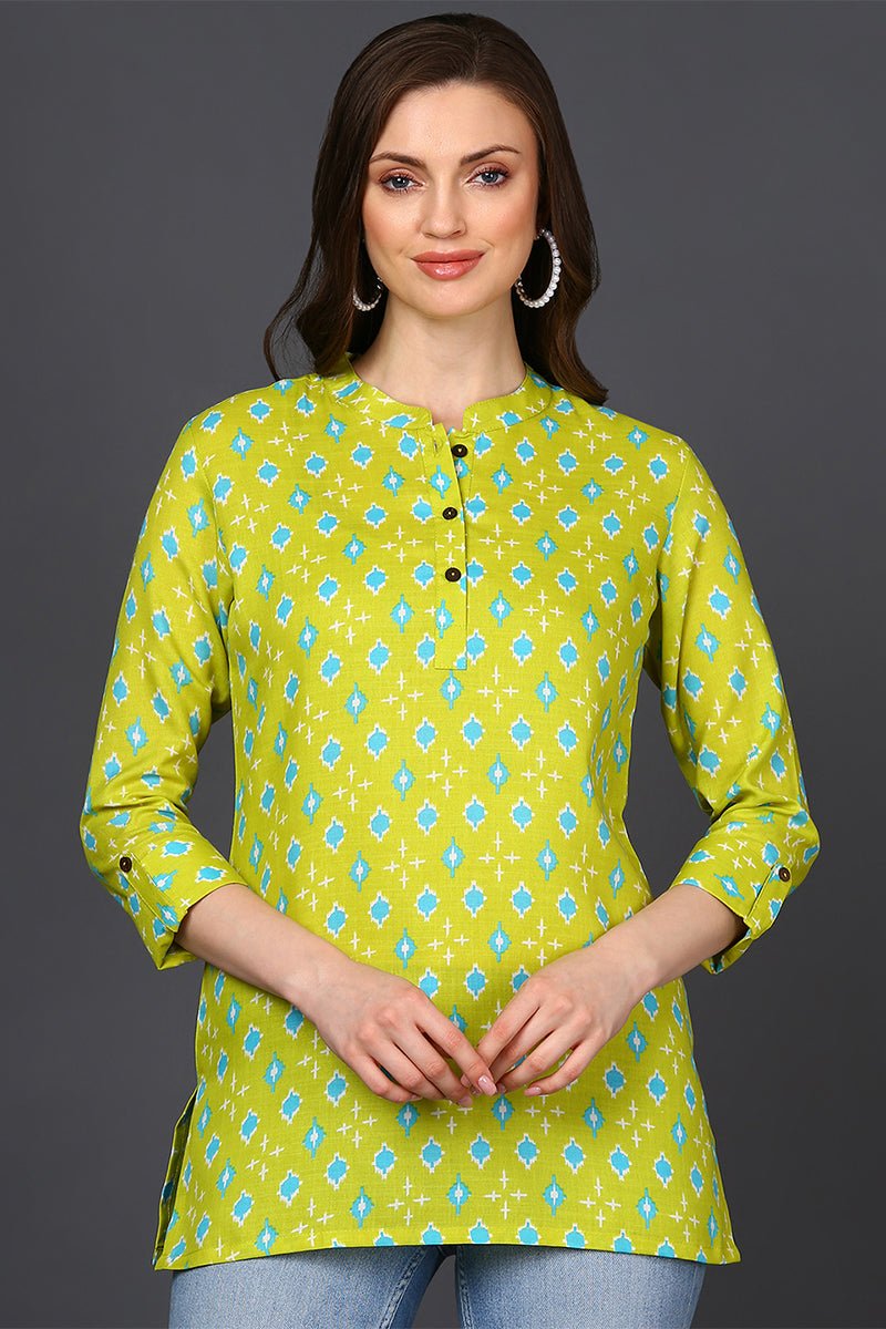 Ahika Lime Green Cotton Blend Geometric Print Straight Tunic - Swadesiicart