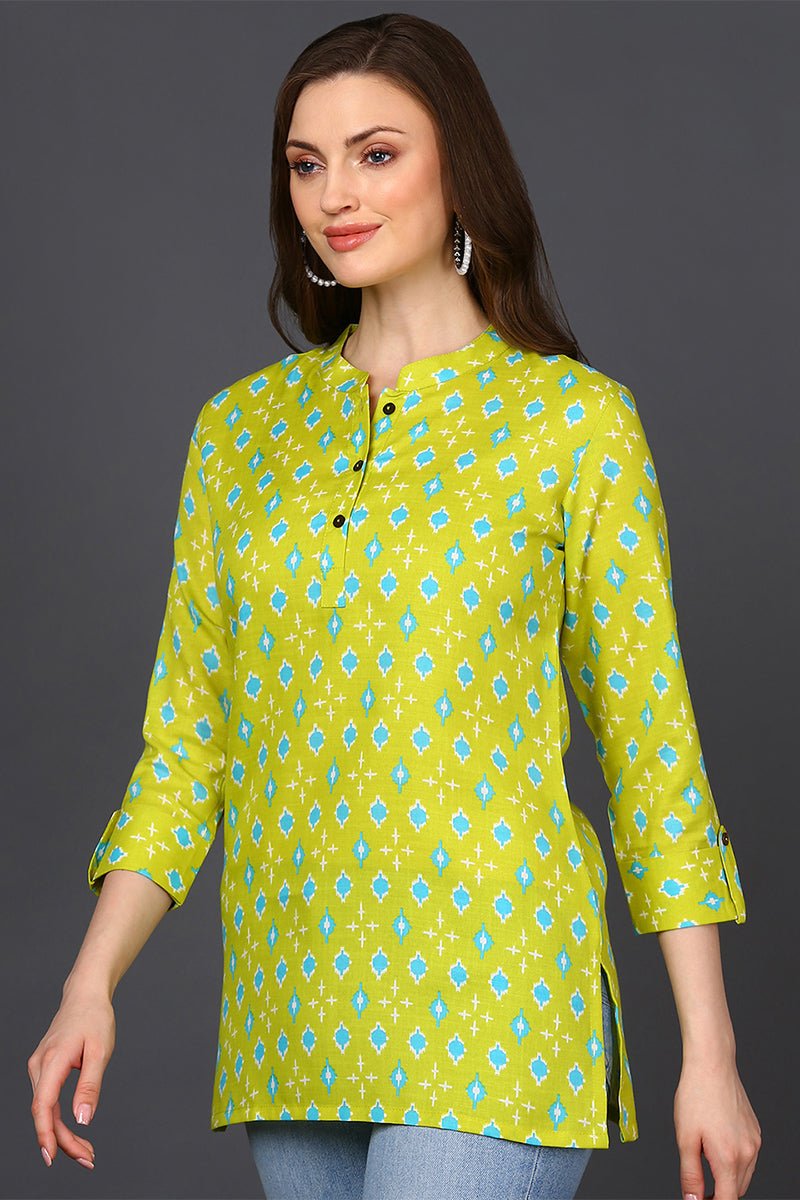 Ahika Lime Green Cotton Blend Geometric Print Straight Tunic - Swadesiicart
