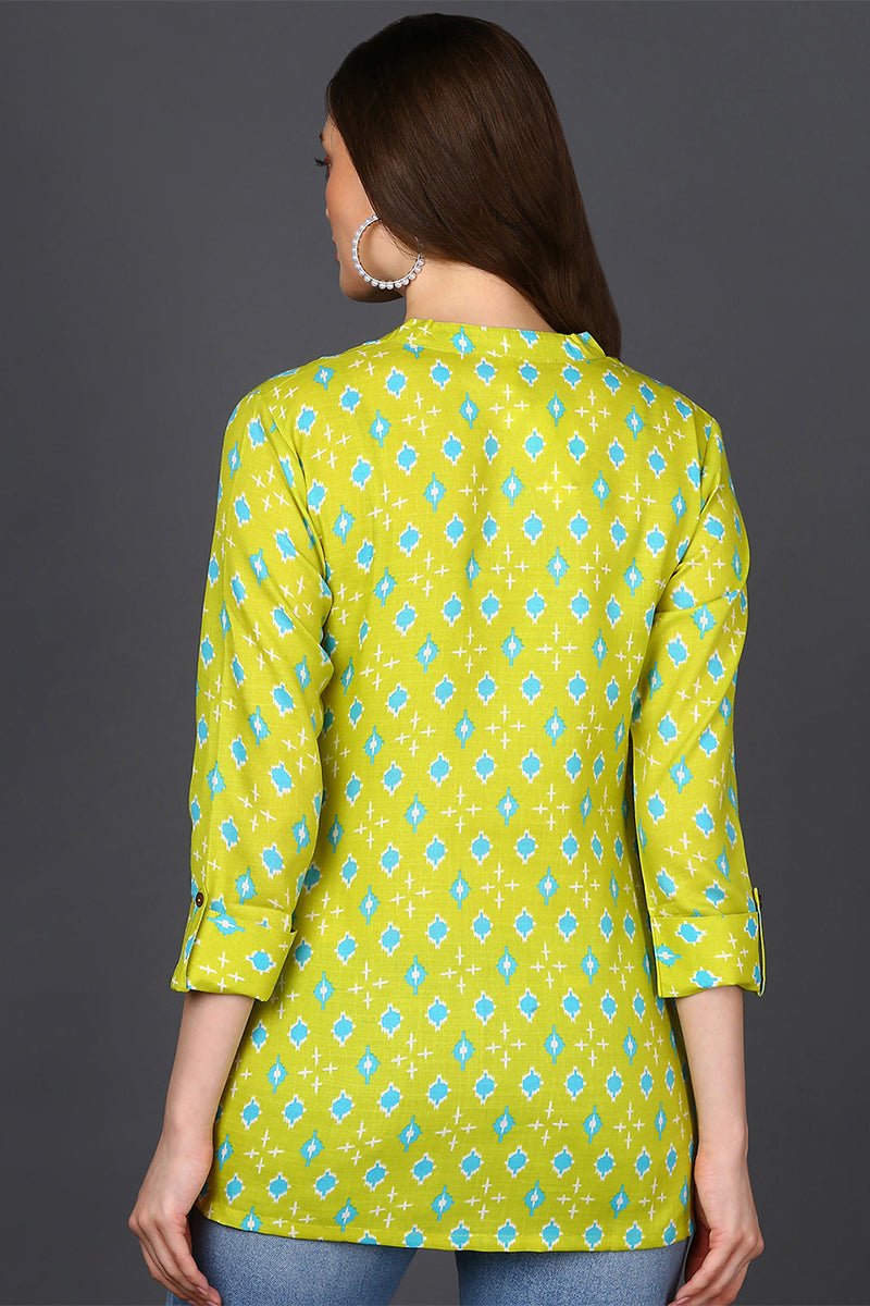Ahika Lime Green Cotton Blend Geometric Print Straight Tunic - Swadesiicart