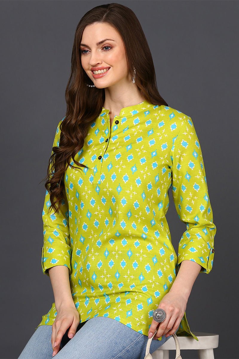 Ahika Lime Green Cotton Blend Geometric Print Straight Tunic - Swadesiicart