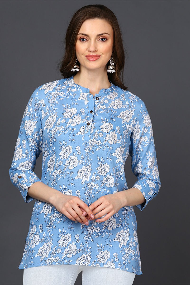 Ahika Light Blue Cotton Blend Floral Printed Straight Tunic - Swadesiicart