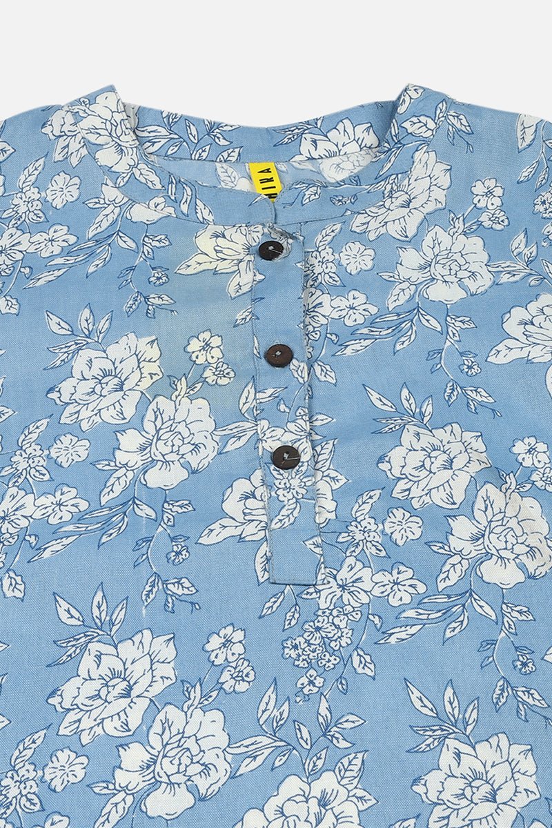 Ahika Light Blue Cotton Blend Floral Printed Straight Tunic - Swadesiicart