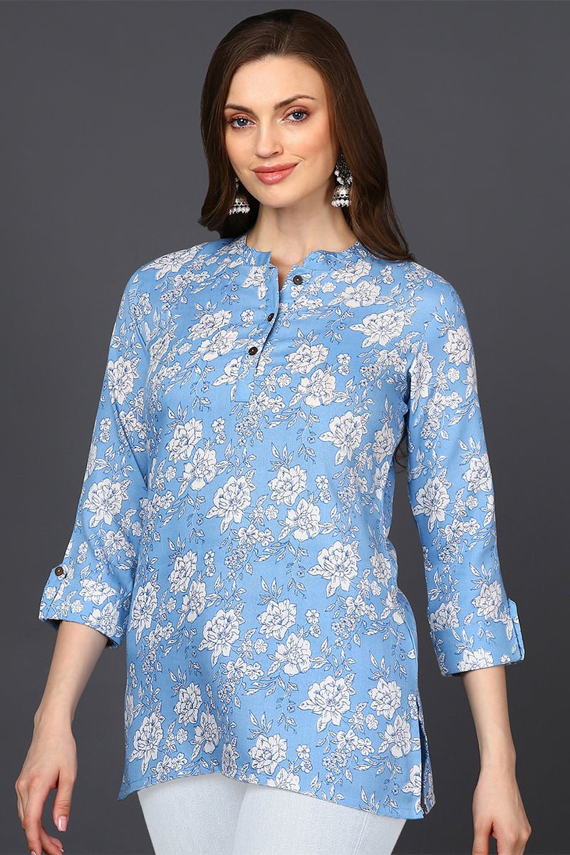 Ahika Light Blue Cotton Blend Floral Printed Straight Tunic - Swadesiicart