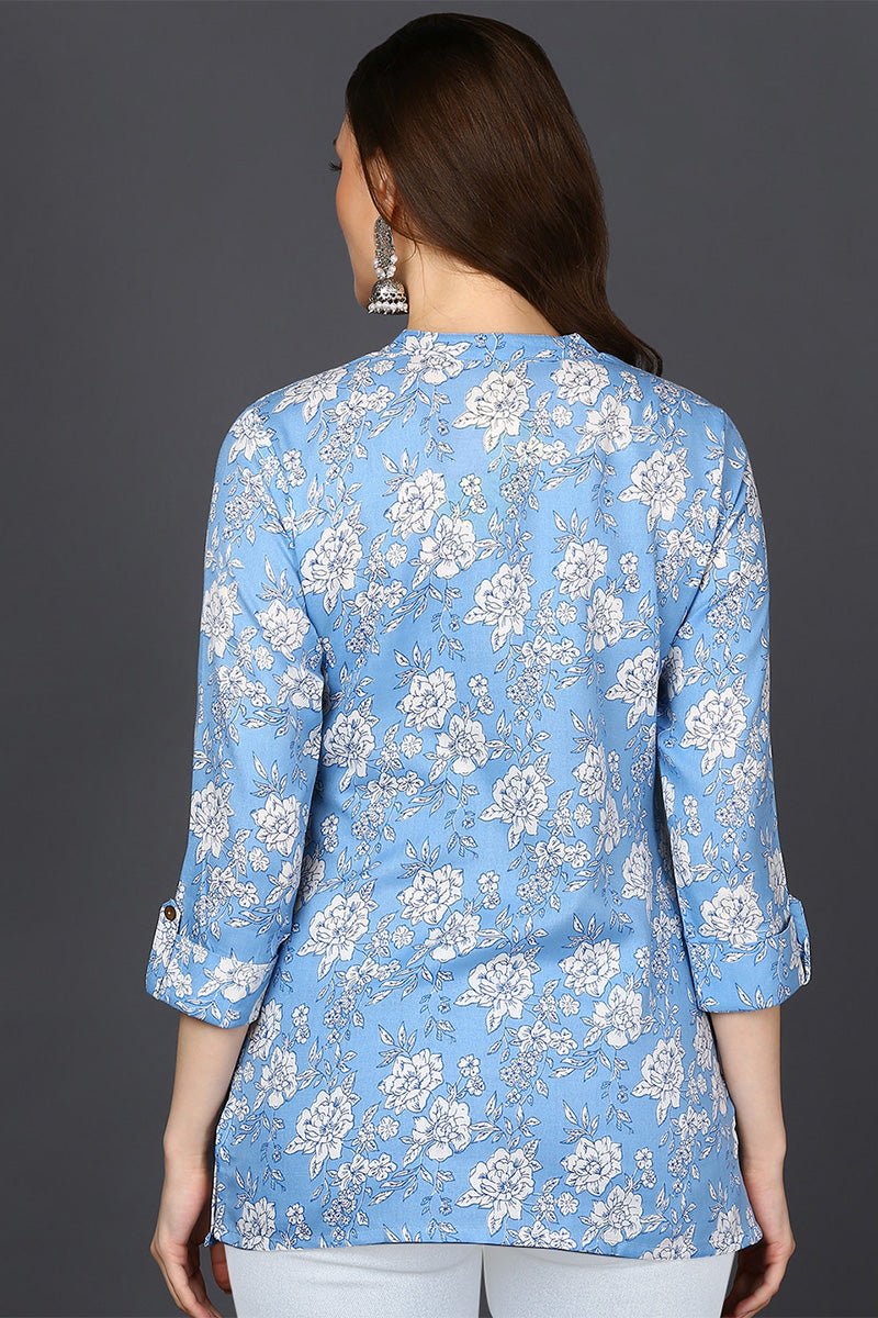 Ahika Light Blue Cotton Blend Floral Printed Straight Tunic - Swadesiicart