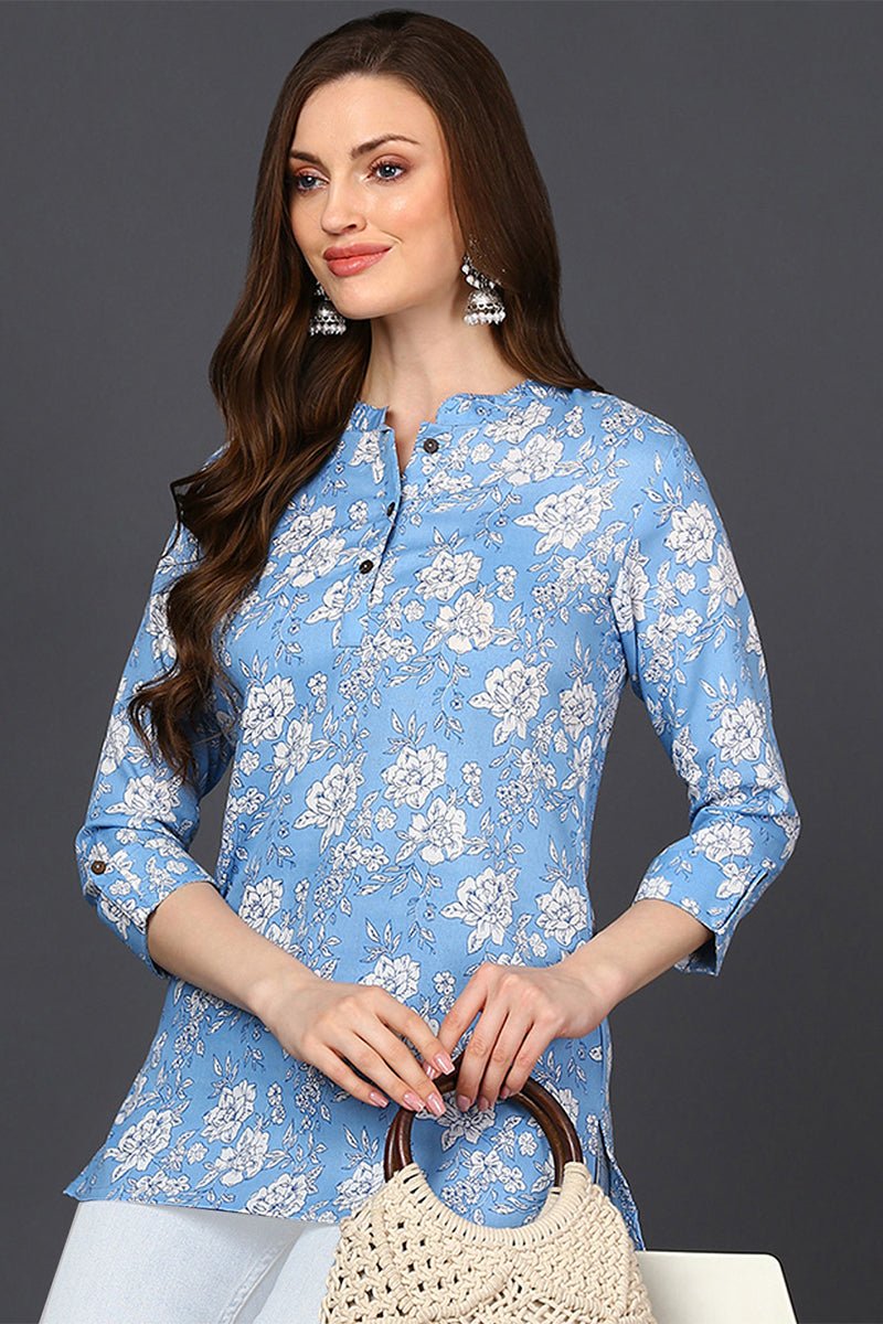 Ahika Light Blue Cotton Blend Floral Printed Straight Tunic - Swadesiicart