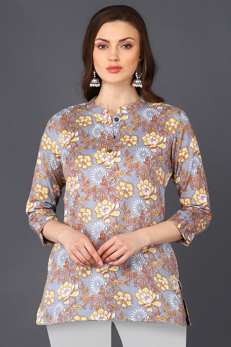Ahika Grey Floral Cotton Blend Printed Straight Tunic - Swadesiicart