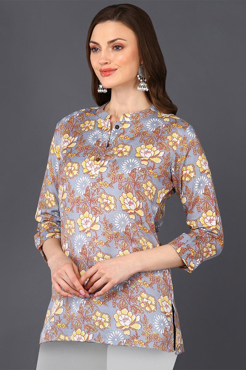 Ahika Grey Floral Cotton Blend Printed Straight Tunic - Swadesiicart