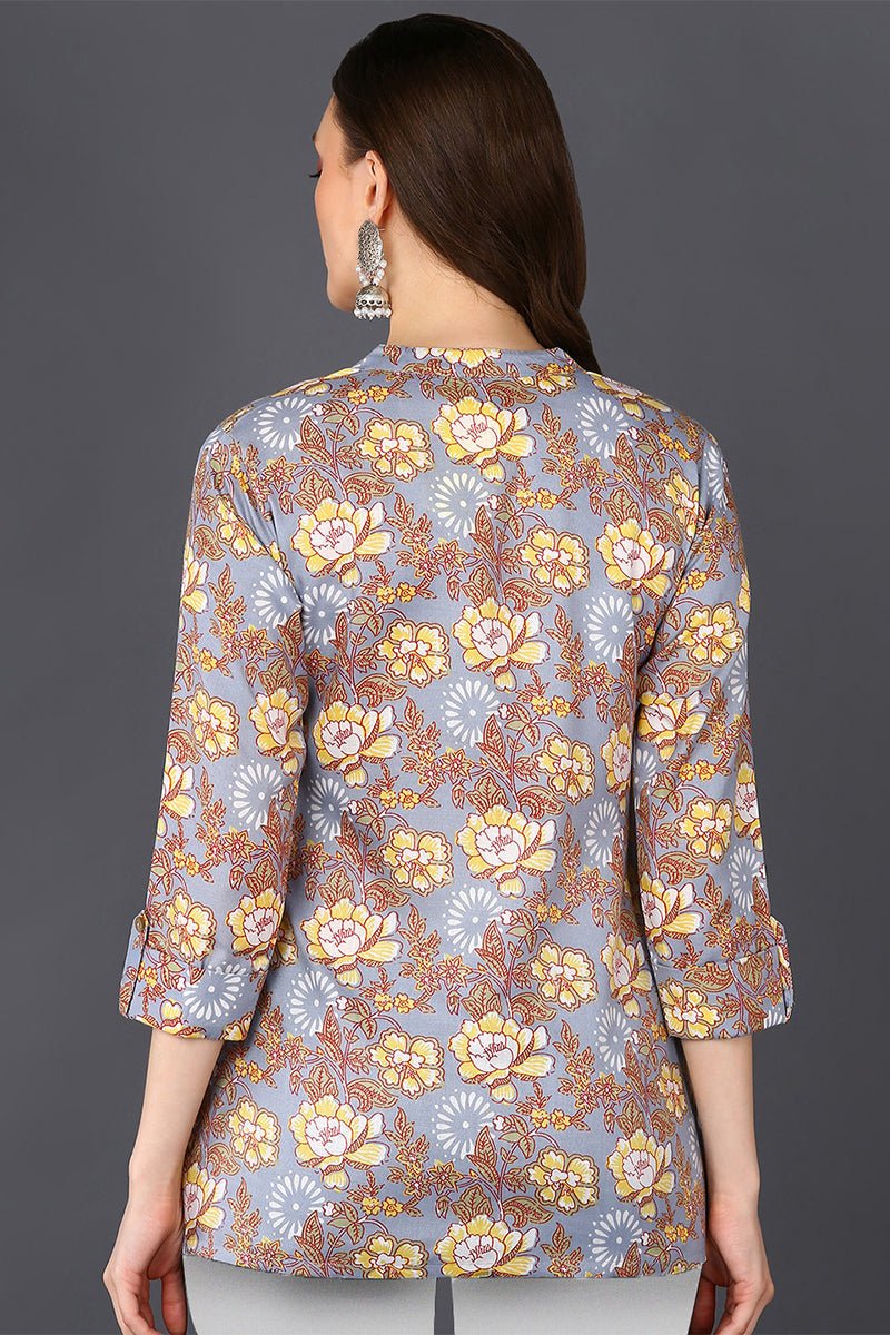 Ahika Grey Floral Cotton Blend Printed Straight Tunic - Swadesiicart