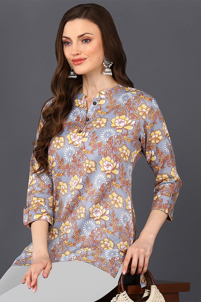 Ahika Grey Floral Cotton Blend Printed Straight Tunic - Swadesiicart