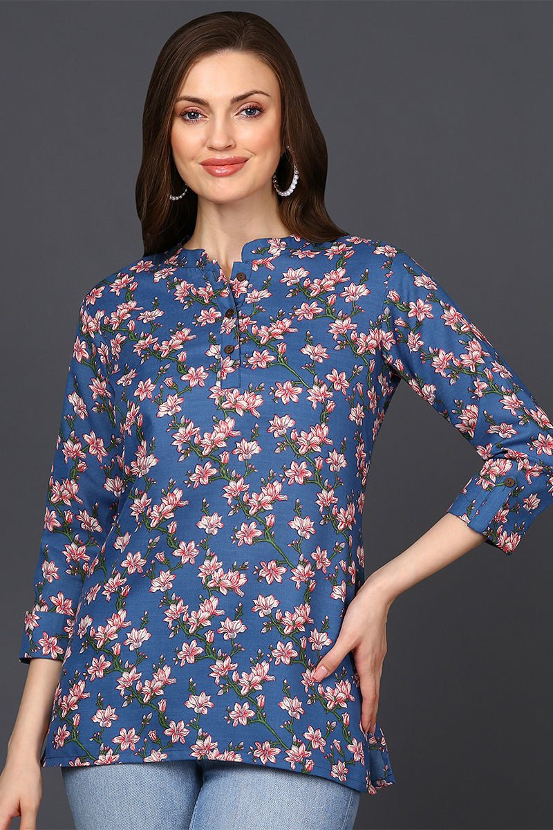 Ahika Blue Cotton Blend Floral Printed Straight Tunic - Swadesiicart