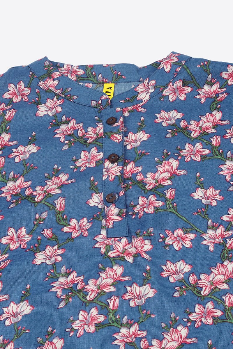 Ahika Blue Cotton Blend Floral Printed Straight Tunic - Swadesiicart