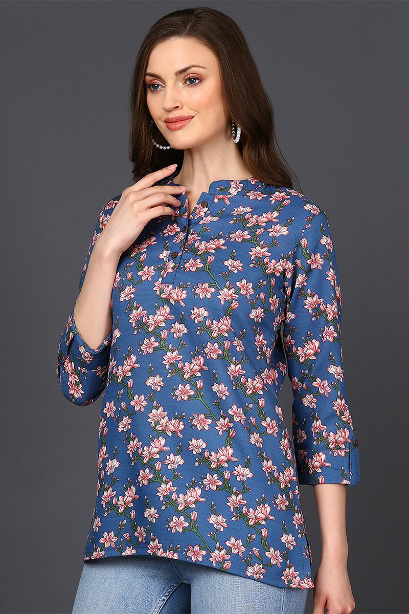 Ahika Blue Cotton Blend Floral Printed Straight Tunic - Swadesiicart