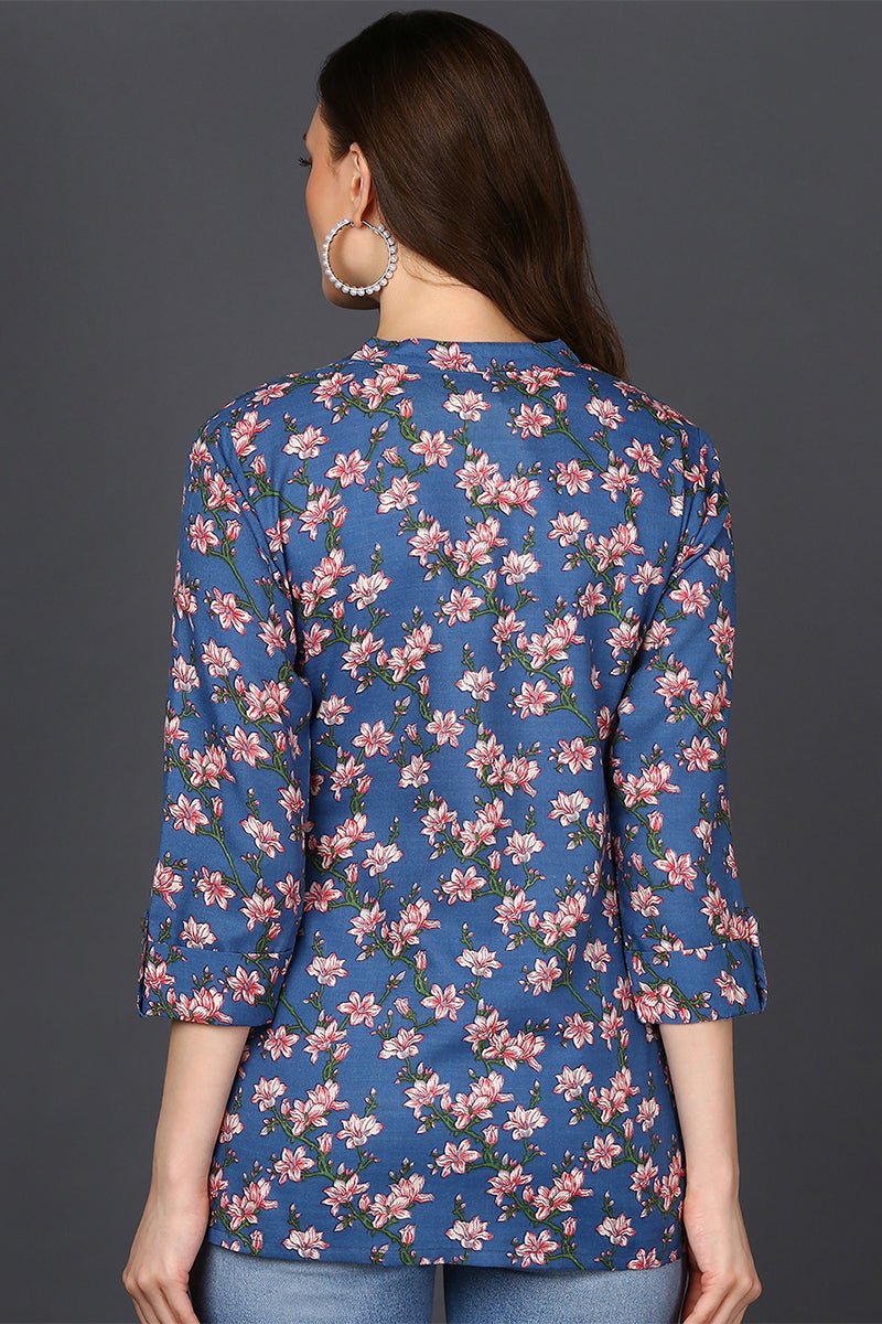 Ahika Blue Cotton Blend Floral Printed Straight Tunic - Swadesiicart