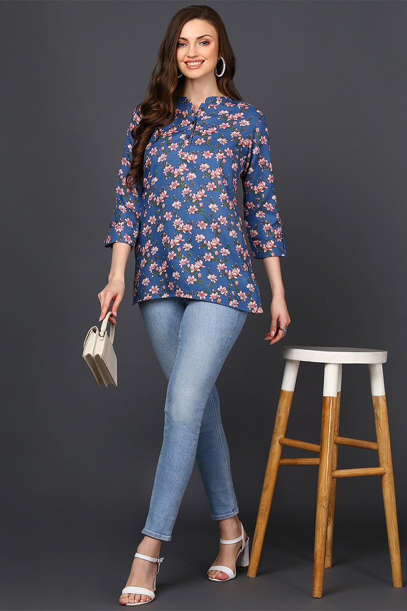 Ahika Blue Cotton Blend Floral Printed Straight Tunic - Swadesiicart
