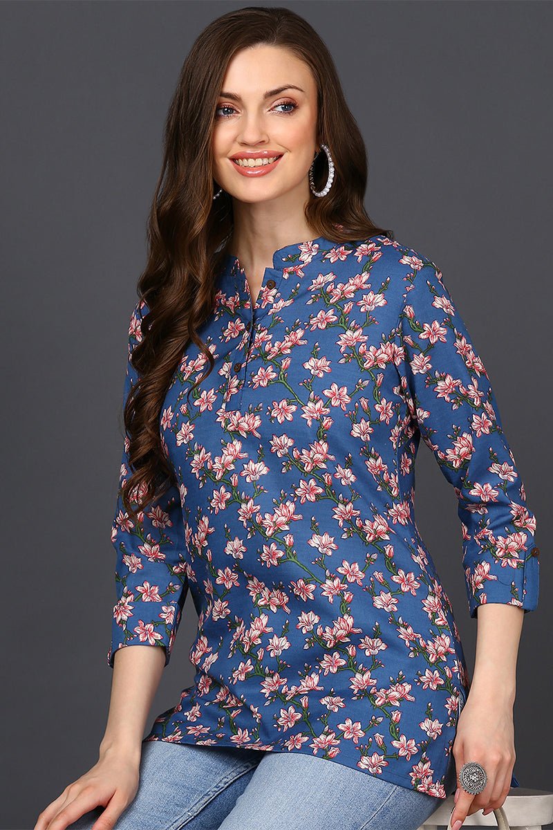 Ahika Blue Cotton Blend Floral Printed Straight Tunic - Swadesiicart