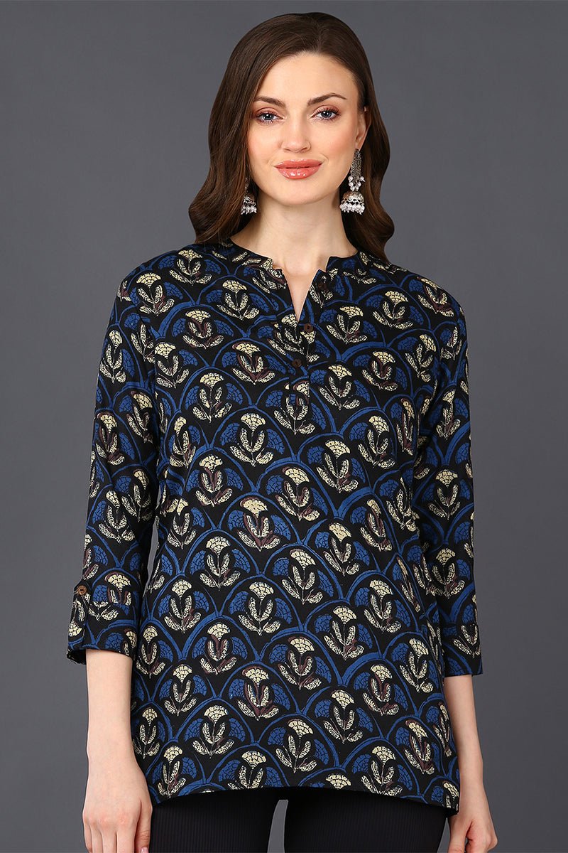 Ahika Black Cotton Blend Ethnic Motifs Printed Straight Tunic - Swadesiicart