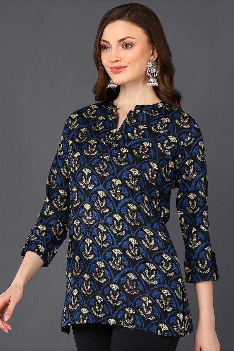 Ahika Black Cotton Blend Ethnic Motifs Printed Straight Tunic - Swadesiicart