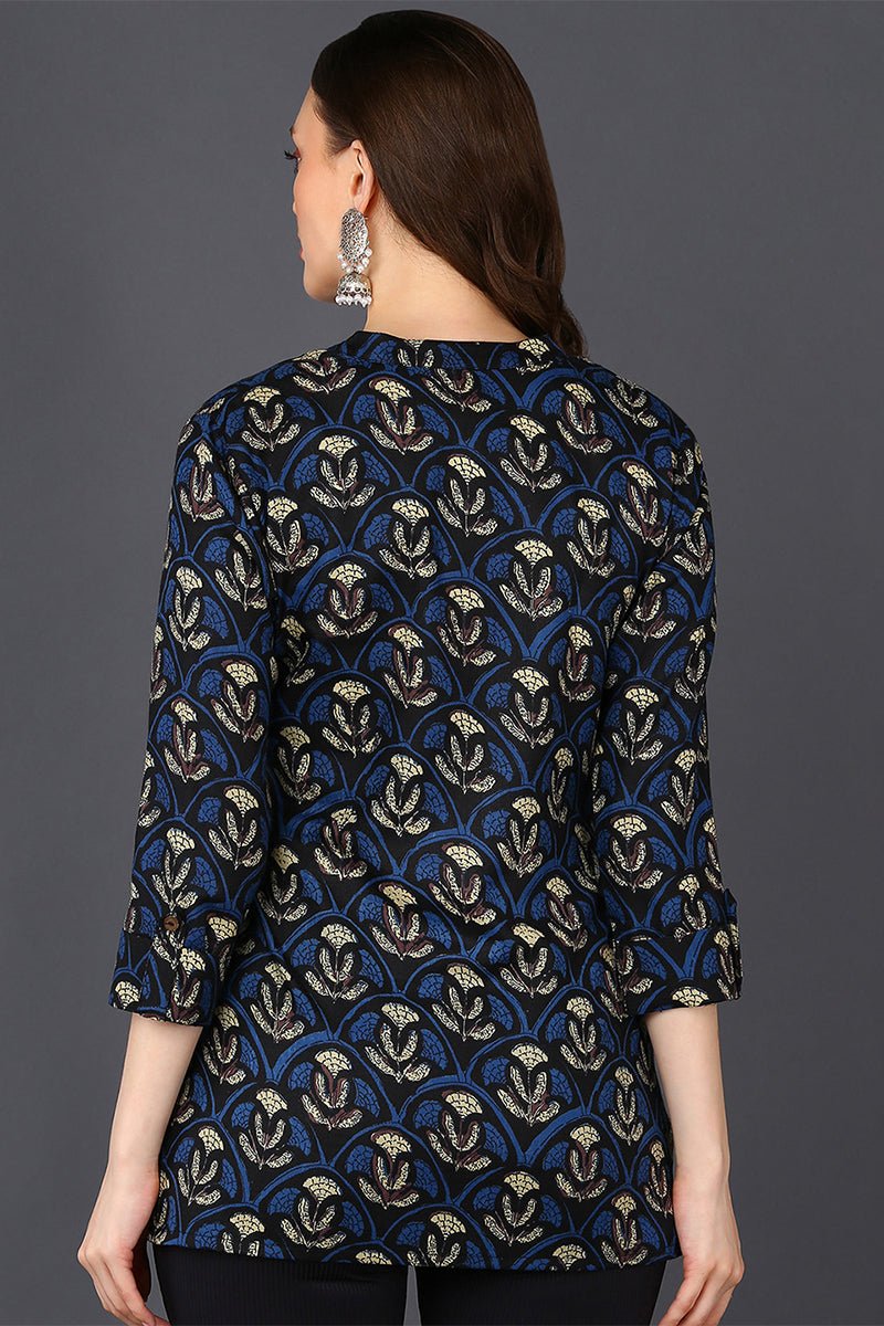 Ahika Black Cotton Blend Ethnic Motifs Printed Straight Tunic - Swadesiicart