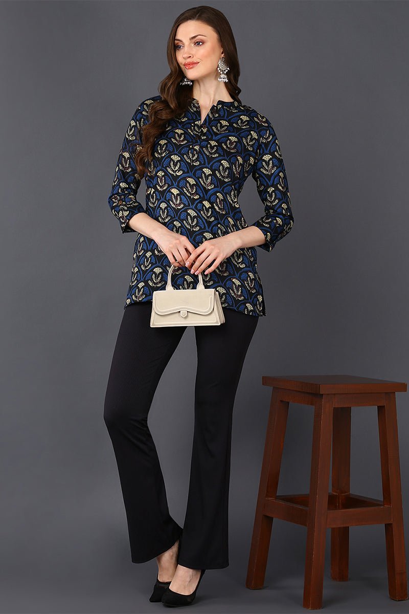Ahika Black Cotton Blend Ethnic Motifs Printed Straight Tunic - Swadesiicart