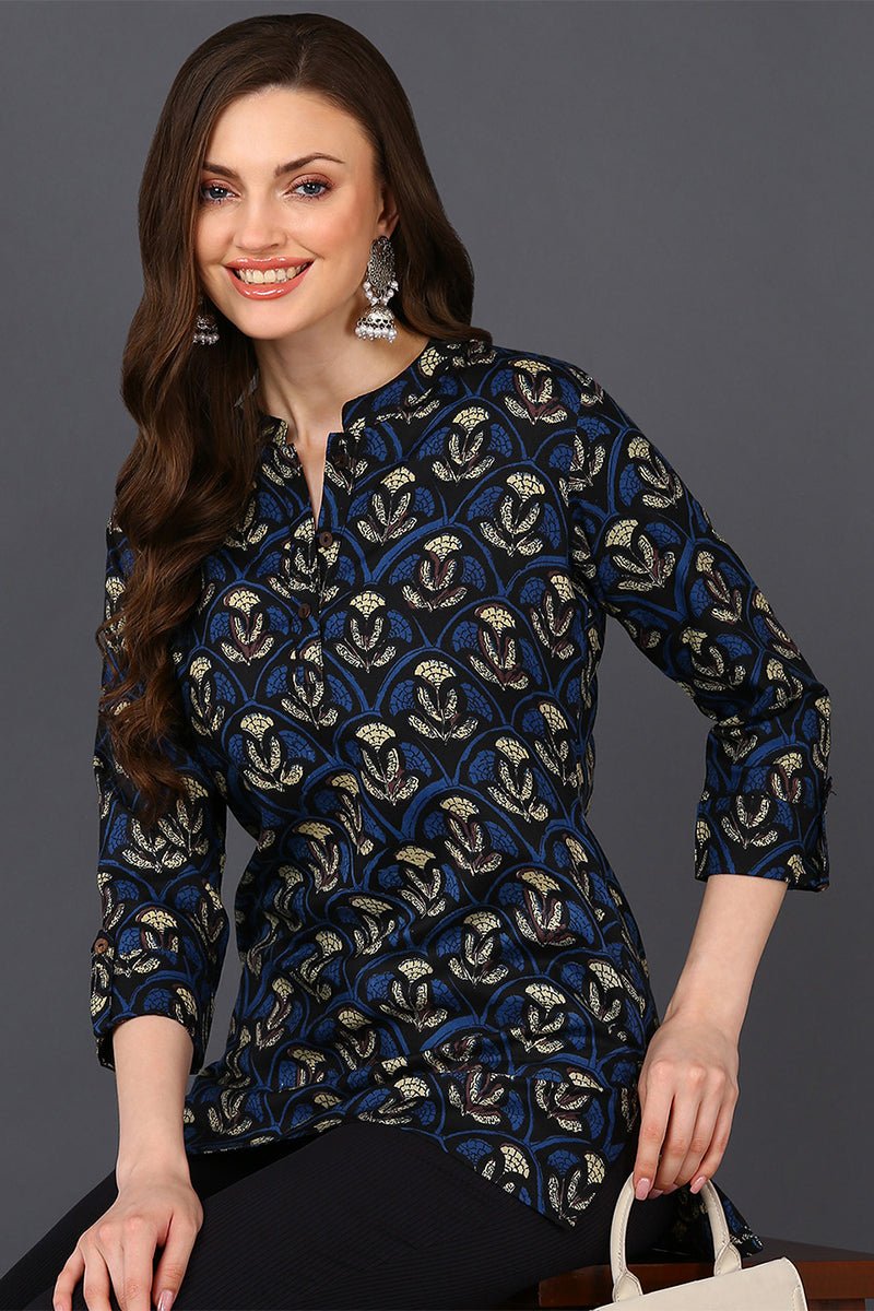 Ahika Black Cotton Blend Ethnic Motifs Printed Straight Tunic - Swadesiicart