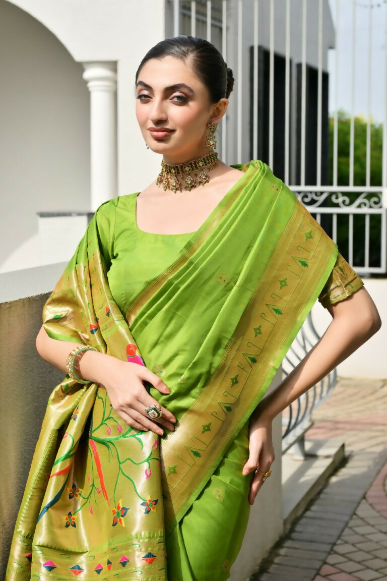 Vishnu Weaves Women's Mahendi Paithani Silk Zari Woven Saree with Blouse - Swadesiicart