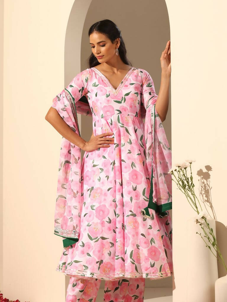 Pomcha Jaipur Pink Gul Rozi Anarkali Set | Swadesiicart
