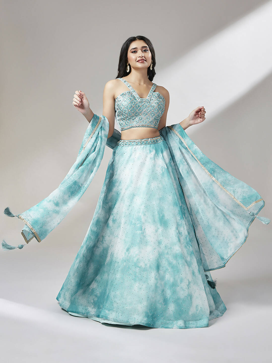 House of Panchhi Turquoise Blue Organza Floral Printed Lehenga choli & Dupatta | Swadesiicart
