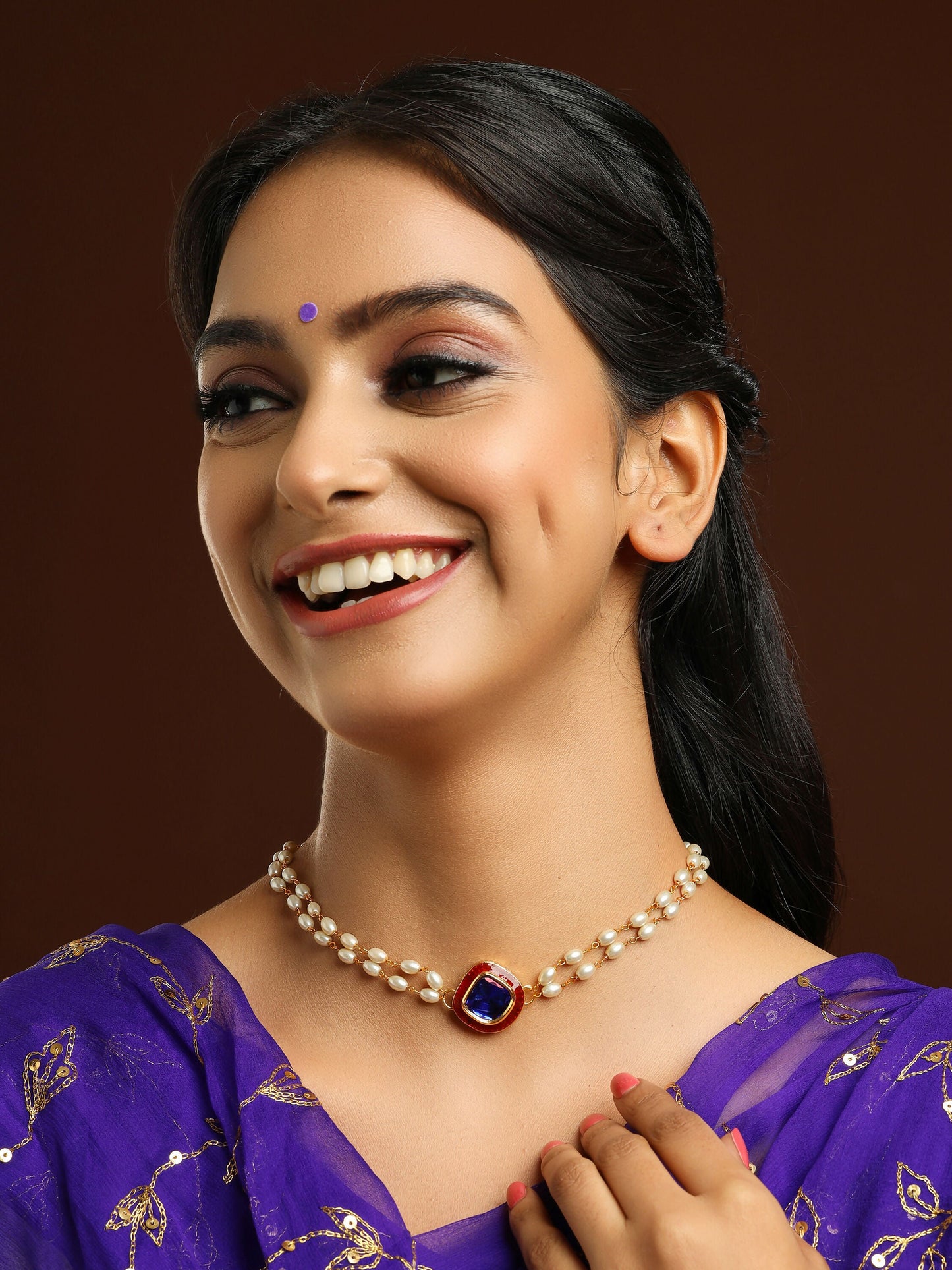 Ruby Raang Blue Meenakari & Pearl Choker | Swadesiicart