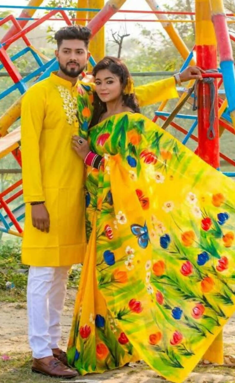 Exclusive Collection Elegant Hand Printing Designe On Pure Cotton Saree And Men's Kurta - Yellow | Swadesiicart
