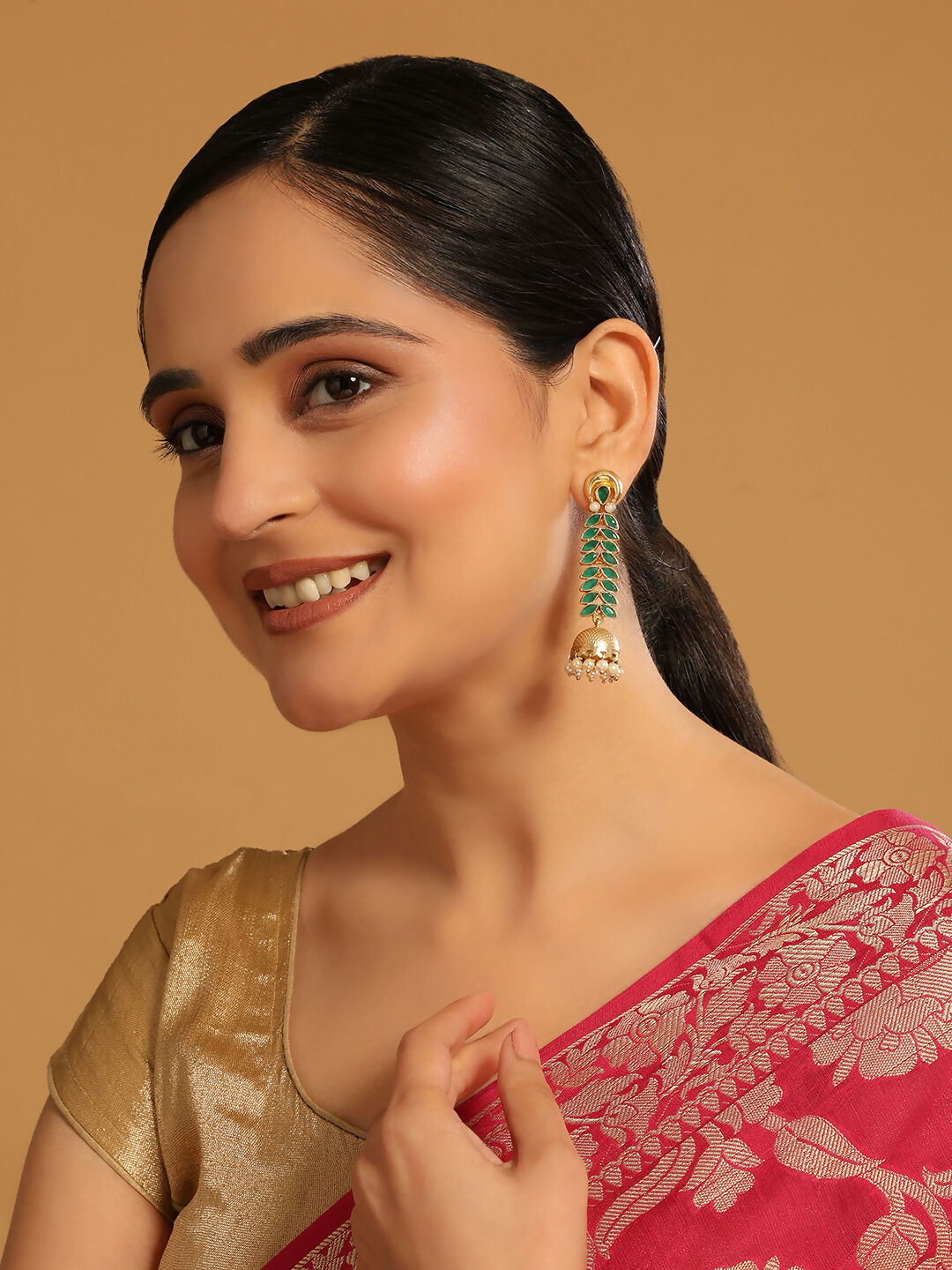 Nuyug 22K Gold Plated Green Fern Earrings | Swadesiicart