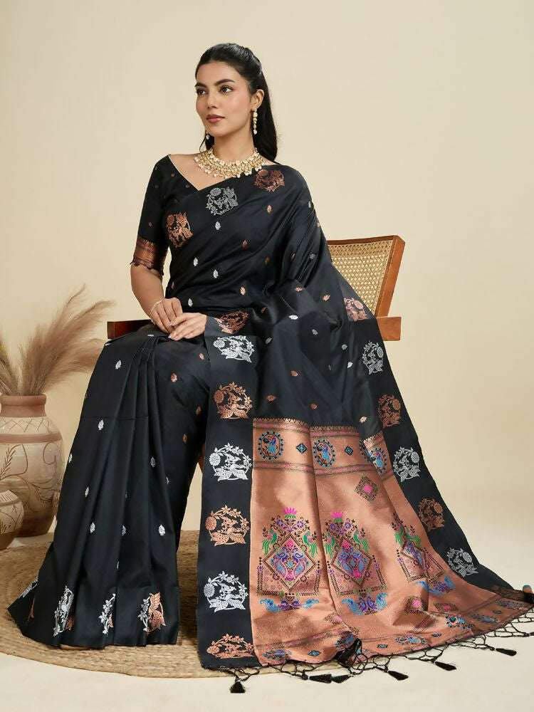 Vishnu Weaves Women's Black Banarasi Silk Zari Woven Saree with Blouse - Swadesiicart