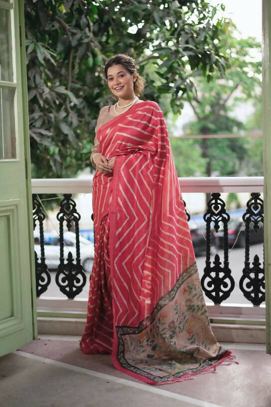 Vishnu Weaves Women's Gajri Soft Tussar Silk Digital Printed Saree with Unstitched Blouse - Swadesiicart