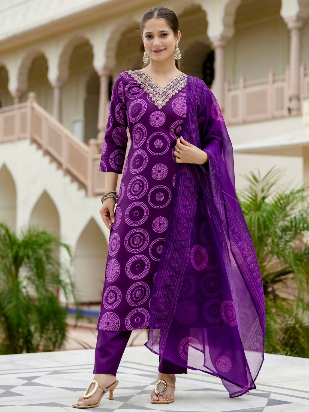 The52 Purple Women's Gorgeous Rayon Embroidered Straight Kurta with Pant And Dupatta Set - Swadesiicart