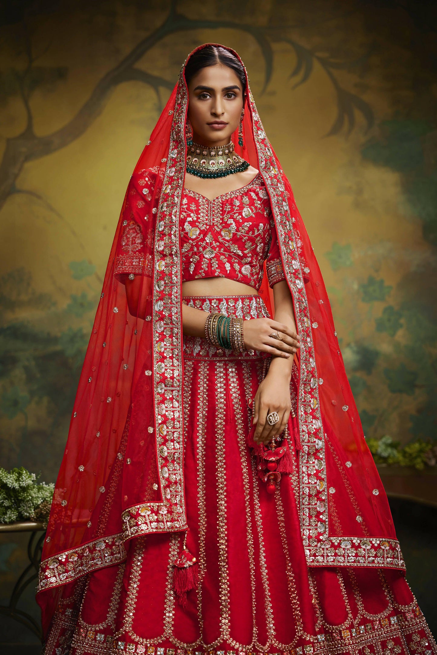 House of Panchhi Red Pure Silk Moti & Zarkan heavy embroidery Lehenga choli & Dupatta | Swadesiicart
