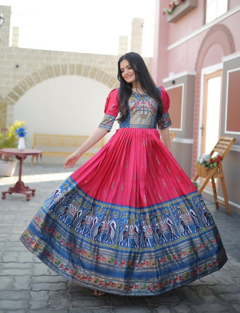 Jyoti Fashion Women's Rani Pink Patola with Foil Print Dola Silk Anarkali Dress | Swadesiicart